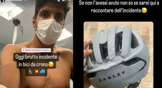 Alessandro Fabian in ospedale e il casco rotto