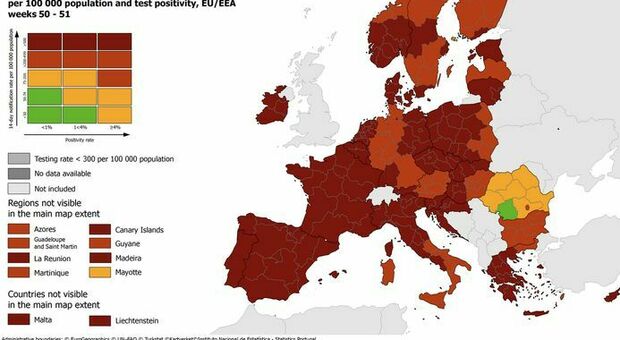 Zona rosso scuro per il Nord Italia nelle mappe Ecdc. In "rosso chiaro" Puglia, Molise e Sardegna