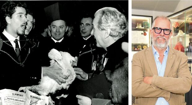 Stefano Baroni: a sinistra mentre consegna la gallina al rettore Bonsembiante, a destra nel museo della Goliardia a Palazzo Bo