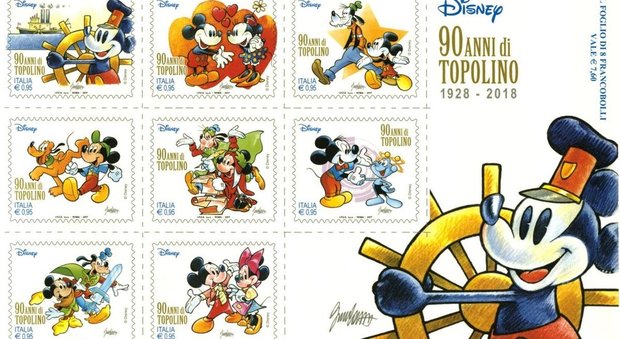 La serie di francobolli per i 90 anni di Topolino, disegnati dal veneziano Giorgio Cavazzano