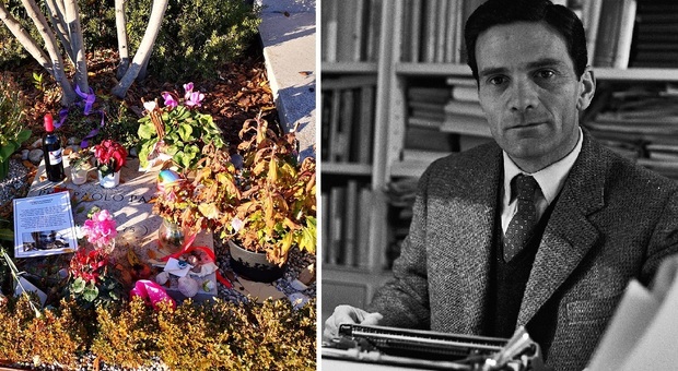 Pier Paolo Pasolini, sassi e bottiglie di vino fra i fiori secchi sulla sua tomba