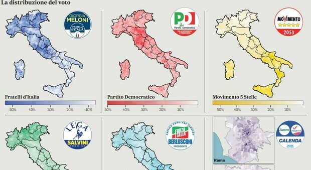 Partiti, ecco i feudi: M5S in Campania, Lega in qualche zona del Nord, Pd in Emilia. Solo FdI è omogenea in tutto il Paese
