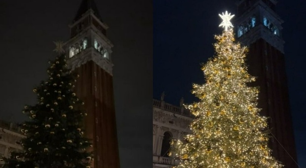 Acceso l'albero di Natale "d'oro" in piazzetta San Marco. Brugnaro: «Auguro un periodo sereno a tutti»